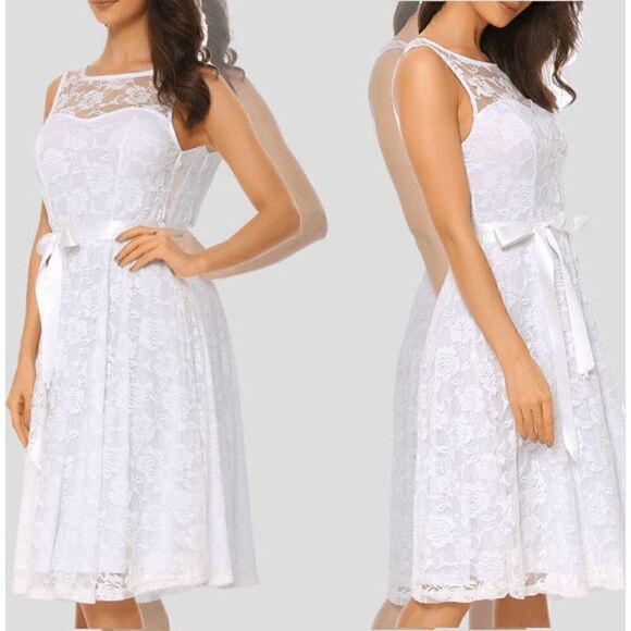 White Lace Wedding Party Bride Sleeveless Formal Elegant Dress w/Belt XXL NWT - Picture 2 of 12